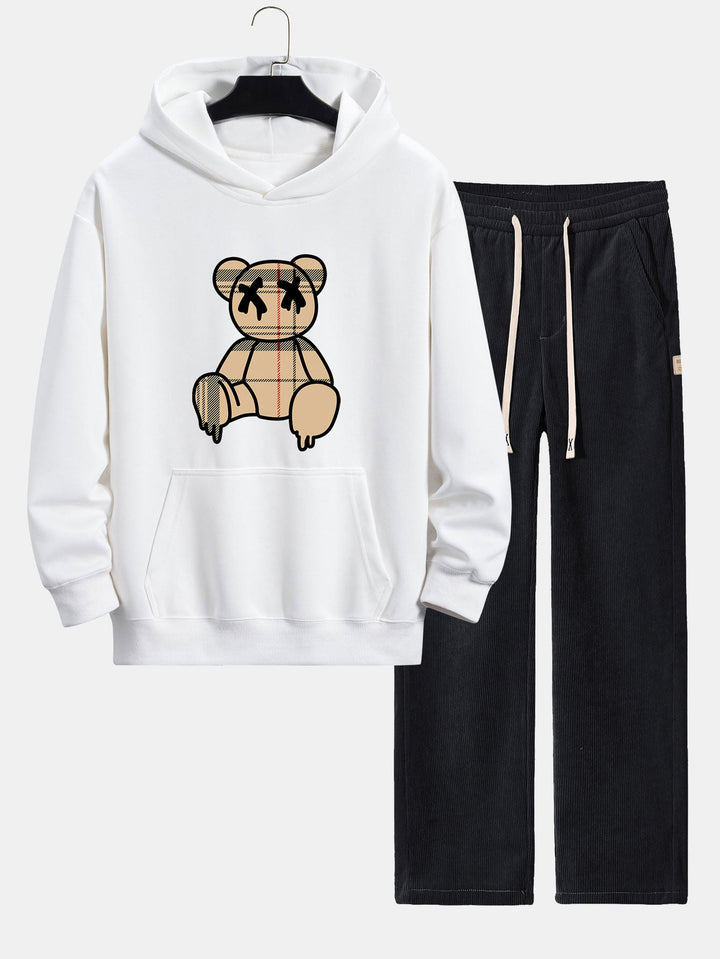 Geruite Oplosbare Beerprint Relax Fit Hoodie & Rechte Pijpen Corduroy Broek