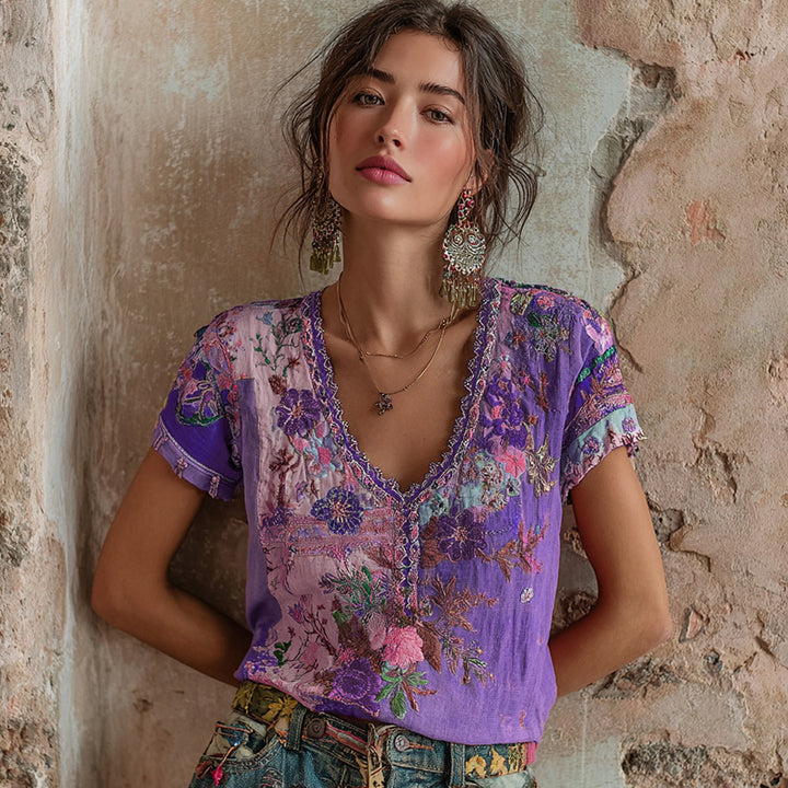 Almara | Bohemian Floral Linen Top