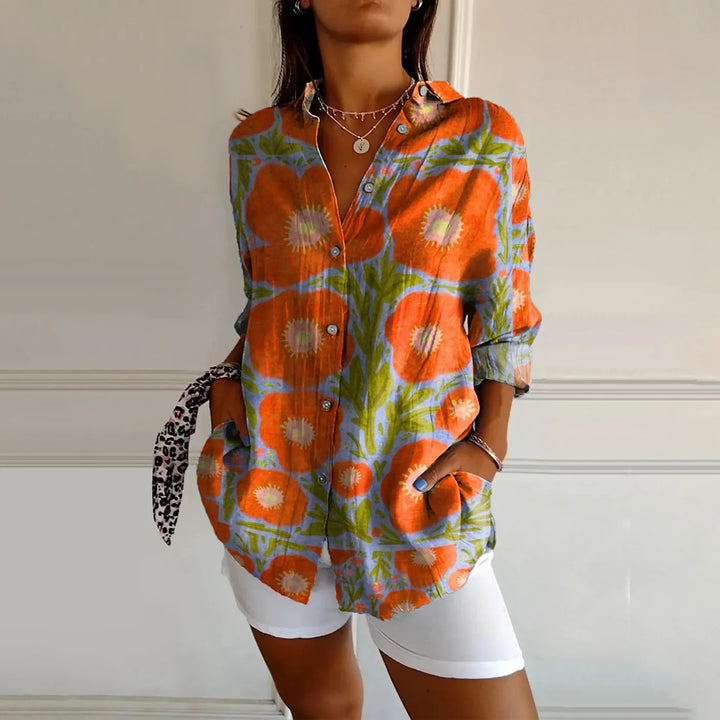 Damesoverhemd met bloemenprint, casual katoen-linnen model.              WORD LID VAN DE FREE SPIRIT-FAMILIEWELKOM BIJ THE VIBEJE BENT AL BINNEN