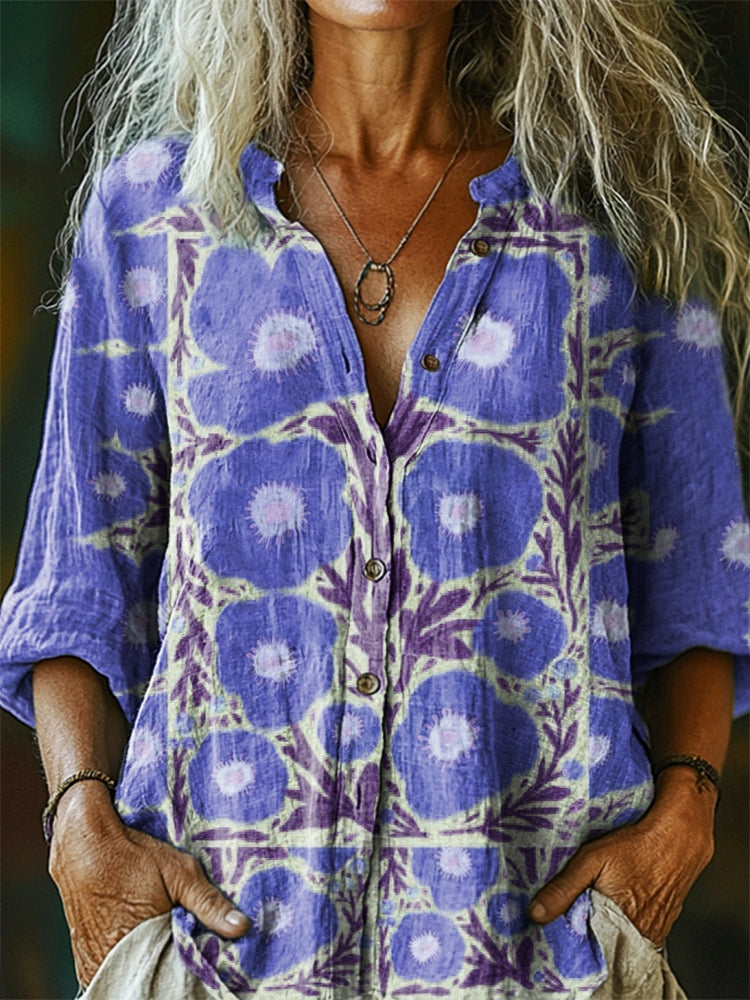 Damesoverhemd met bloemenprint, casual katoen-linnen model.              WORD LID VAN DE FREE SPIRIT-FAMILIEWELKOM BIJ THE VIBEJE BENT AL BINNEN