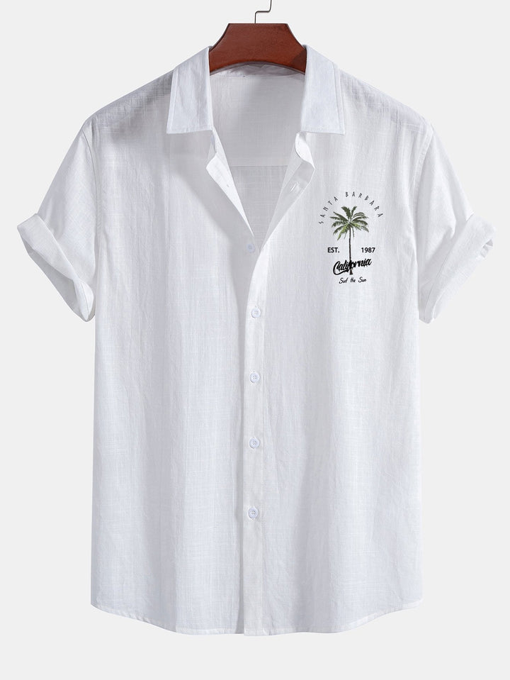 California Palm Tree Print Linnen Look Katoenen Overhemd met Knopen & Zwemshorts