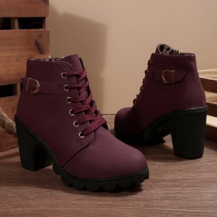 Katni I l Chic Lace-Up Metal Buckle Chunky Ankle Boots