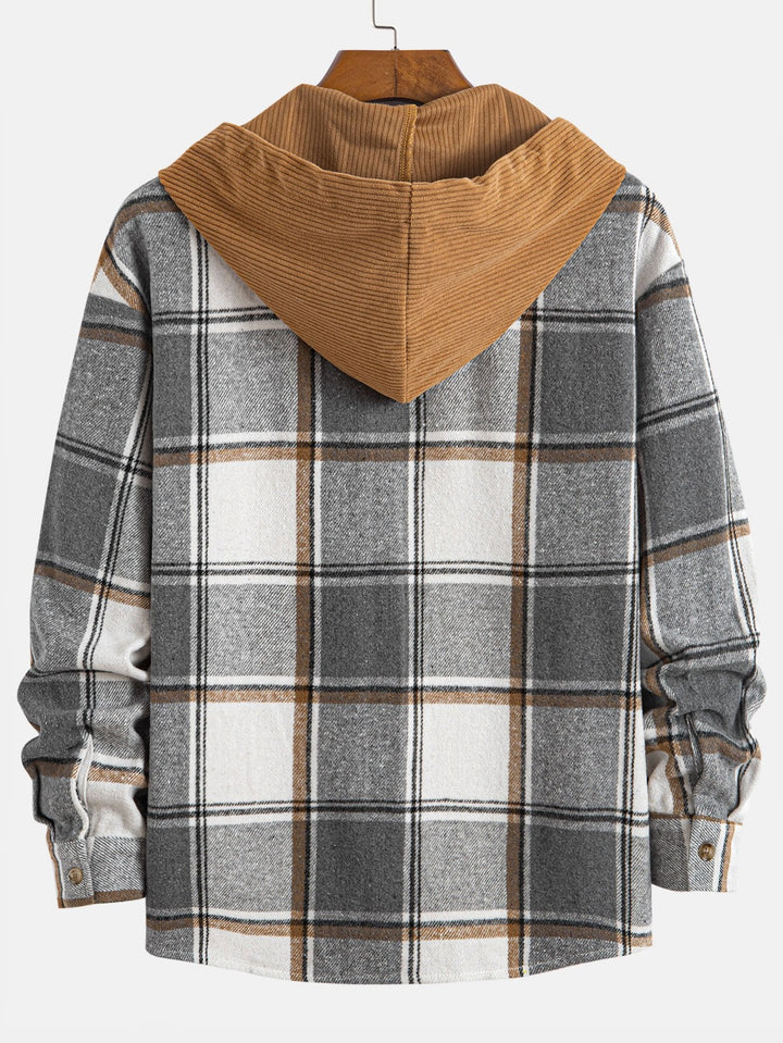 Relax Fit Contrast Corduroy Geruite Hoodie Shirt