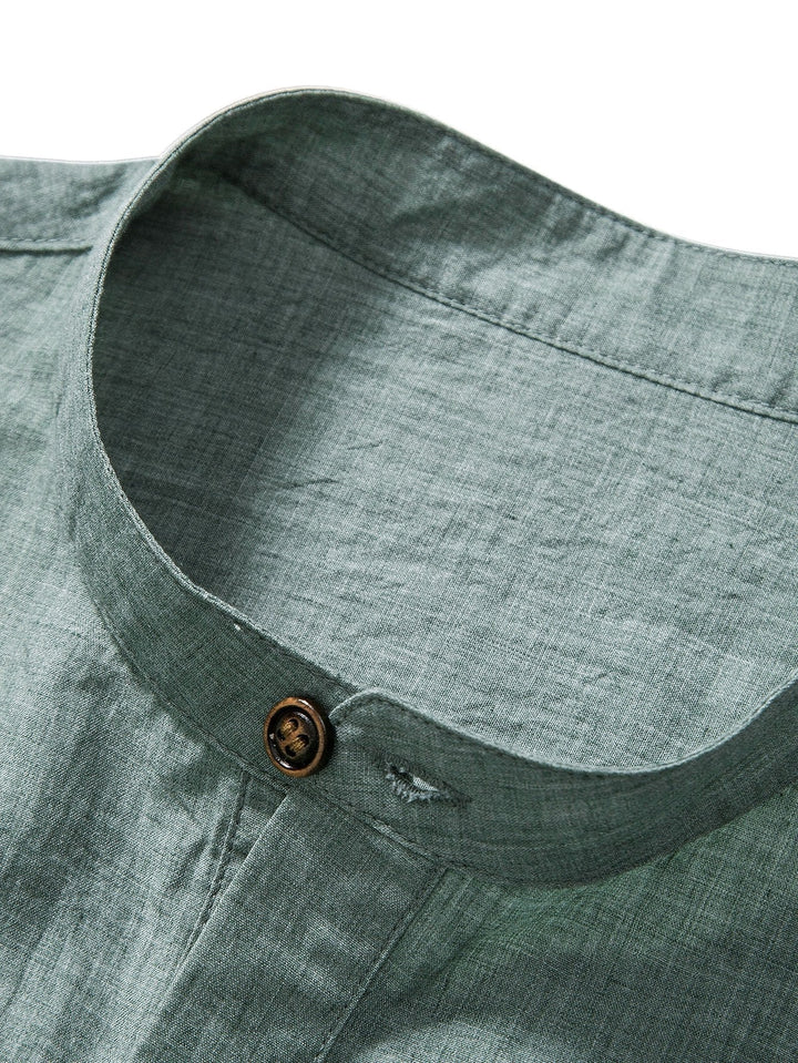 Korte Mouw Half Knop Vlieg Henley Kraag Shirt & Rechte Pijpen Linnen Broek