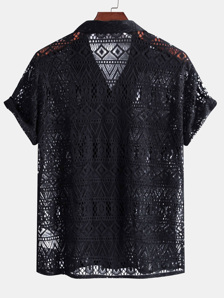 Korte Mouwen Geometrisch Textuur Cuban Shirt & Linnen Katoen Gemengde Cropped Broek