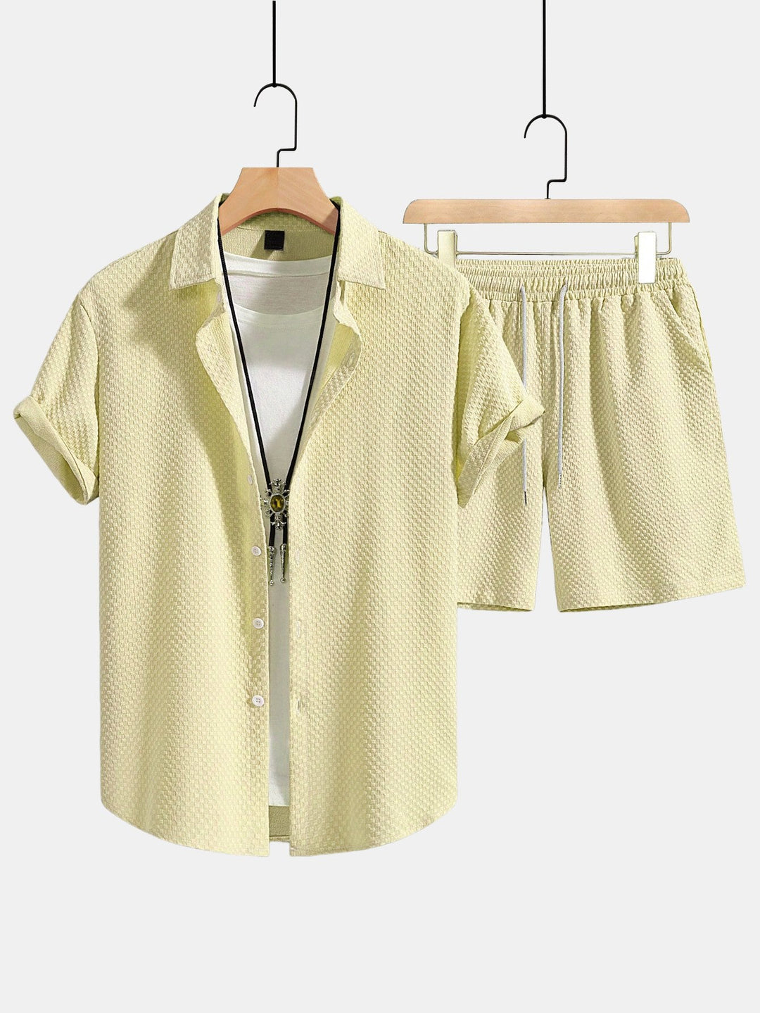 Crossed Texture Button-Up Shirt & Drawstring Shorts