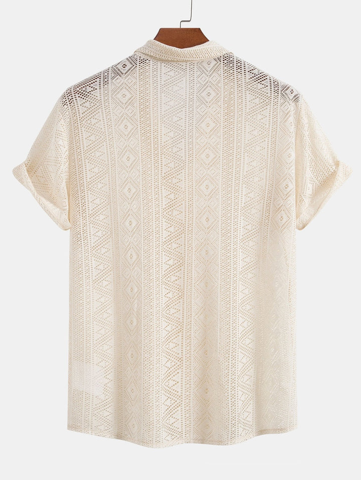 Korte Mouwen Geometrisch Textuur Cuban Shirt & Linnen Katoen Gemengde Cropped Broek