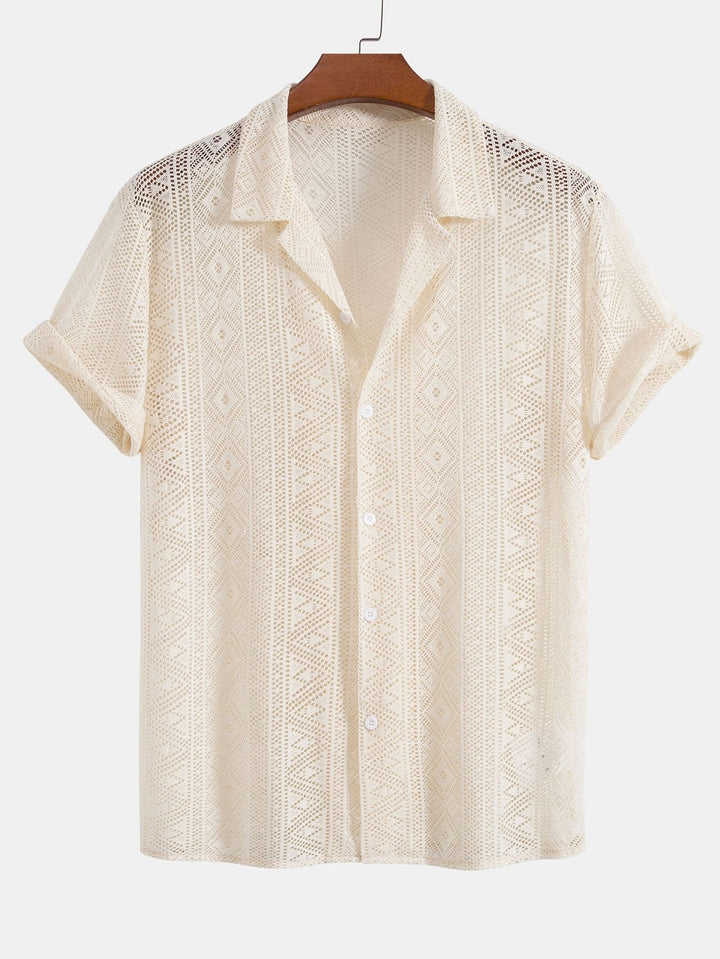 Korte Mouwen Geometrisch Textuur Cuban Shirt & Linnen Katoen Gemengde Cropped Broek