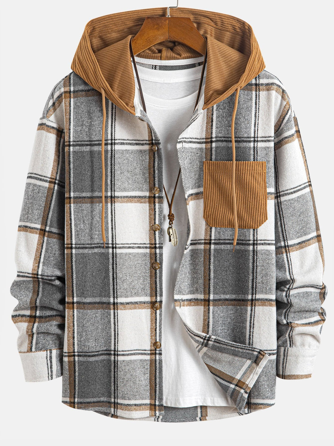 Relax Fit Contrast Corduroy Geruite Hoodie Shirt