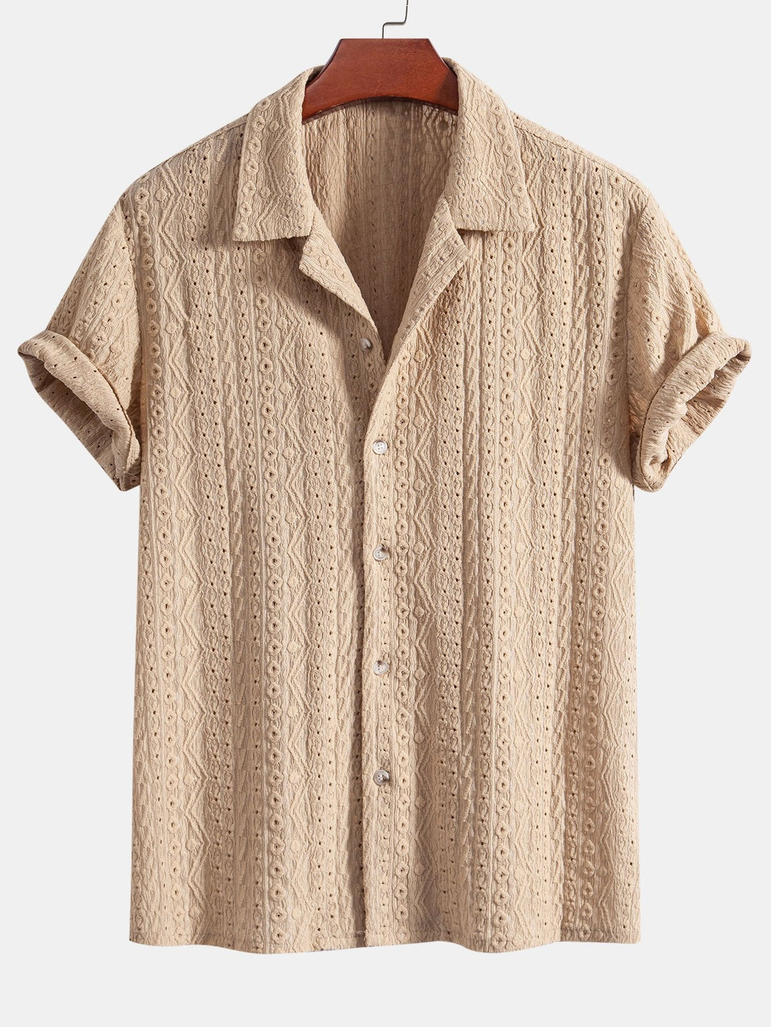 Geometrisch Jacquard Textuur Cubaanse Shirt & Rechte Pijpen Linnen Broek