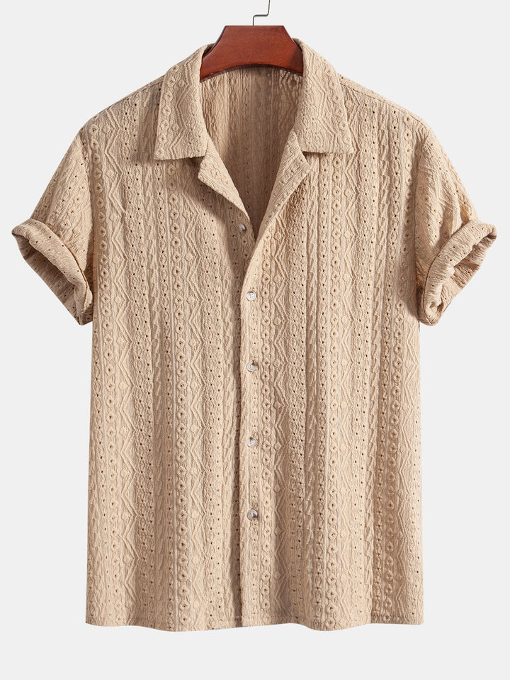 Geometrisch Jacquard Textuur Cubaanse Shirt & Rechte Pijpen Linnen Broek
