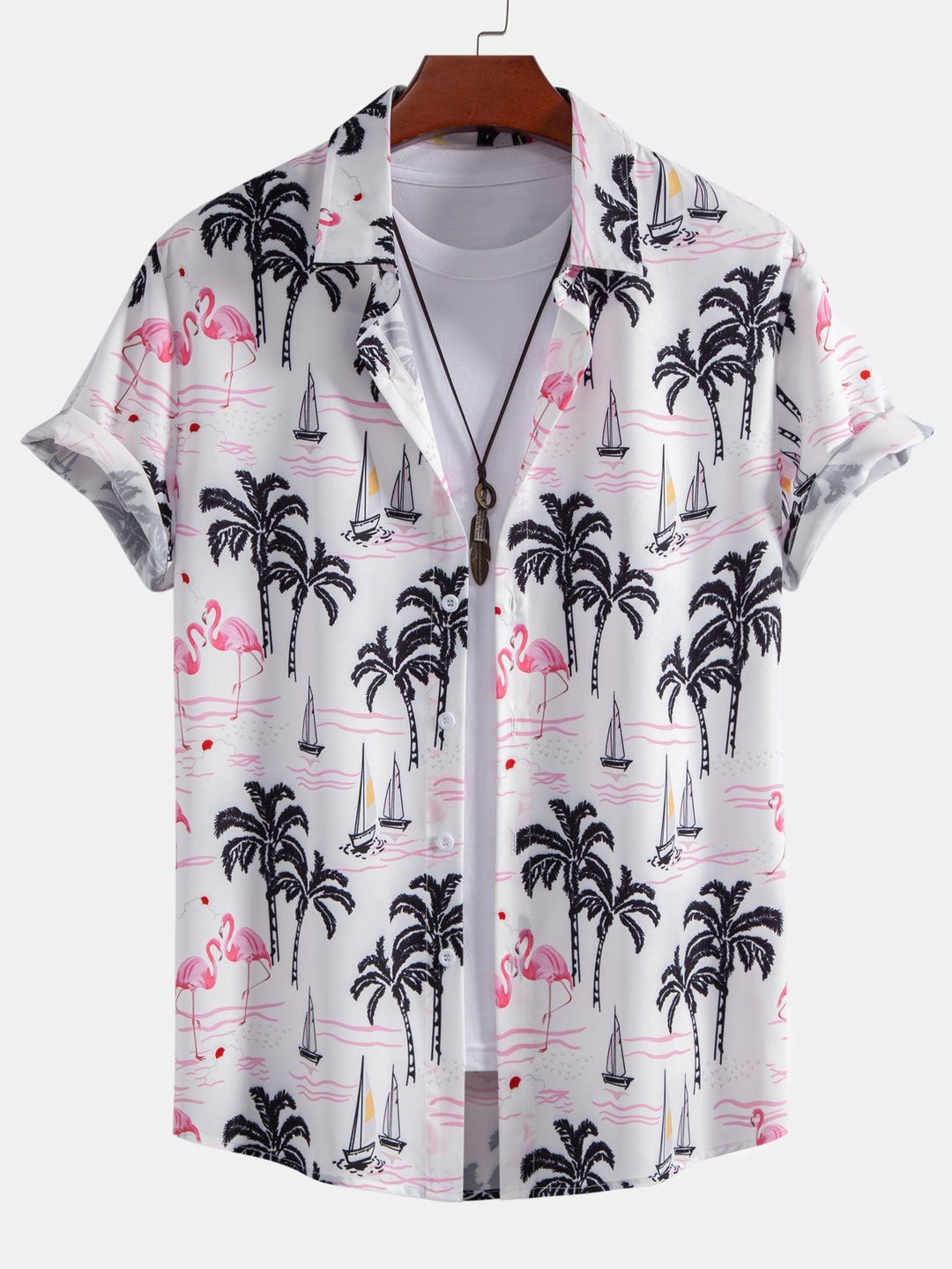 Palm Tree Flamingo Print Knop-Up Shirt & Zwemshorts