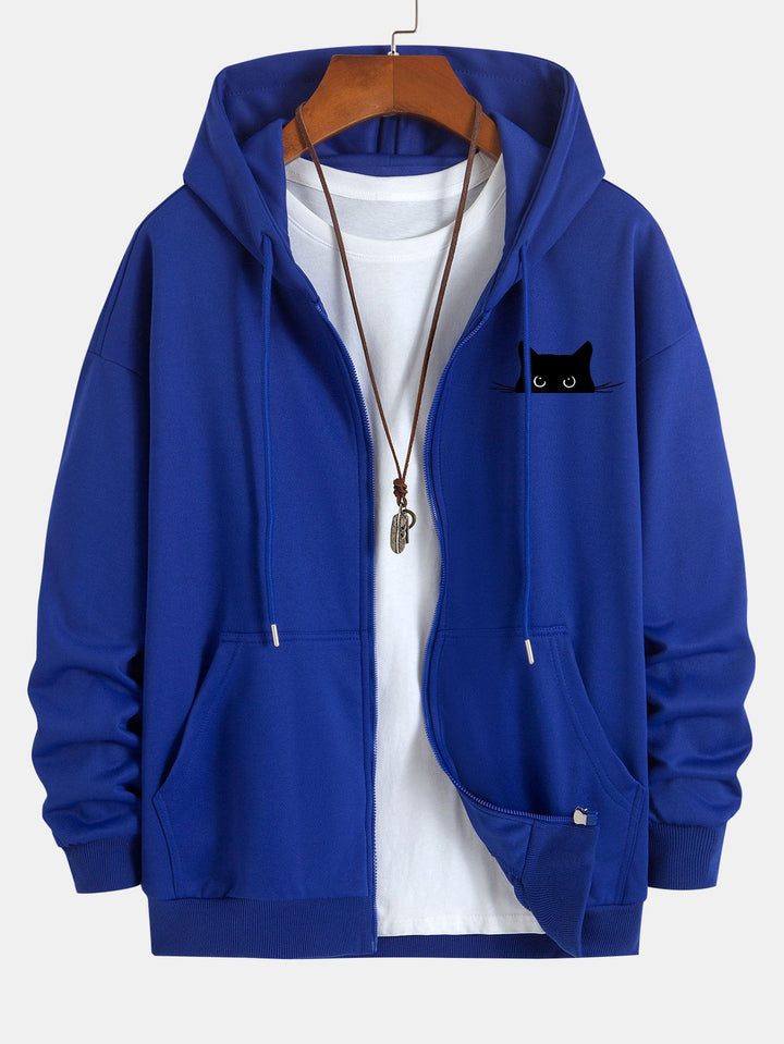 Zwarte Kat Print Relax Fit Zip Hoodie
