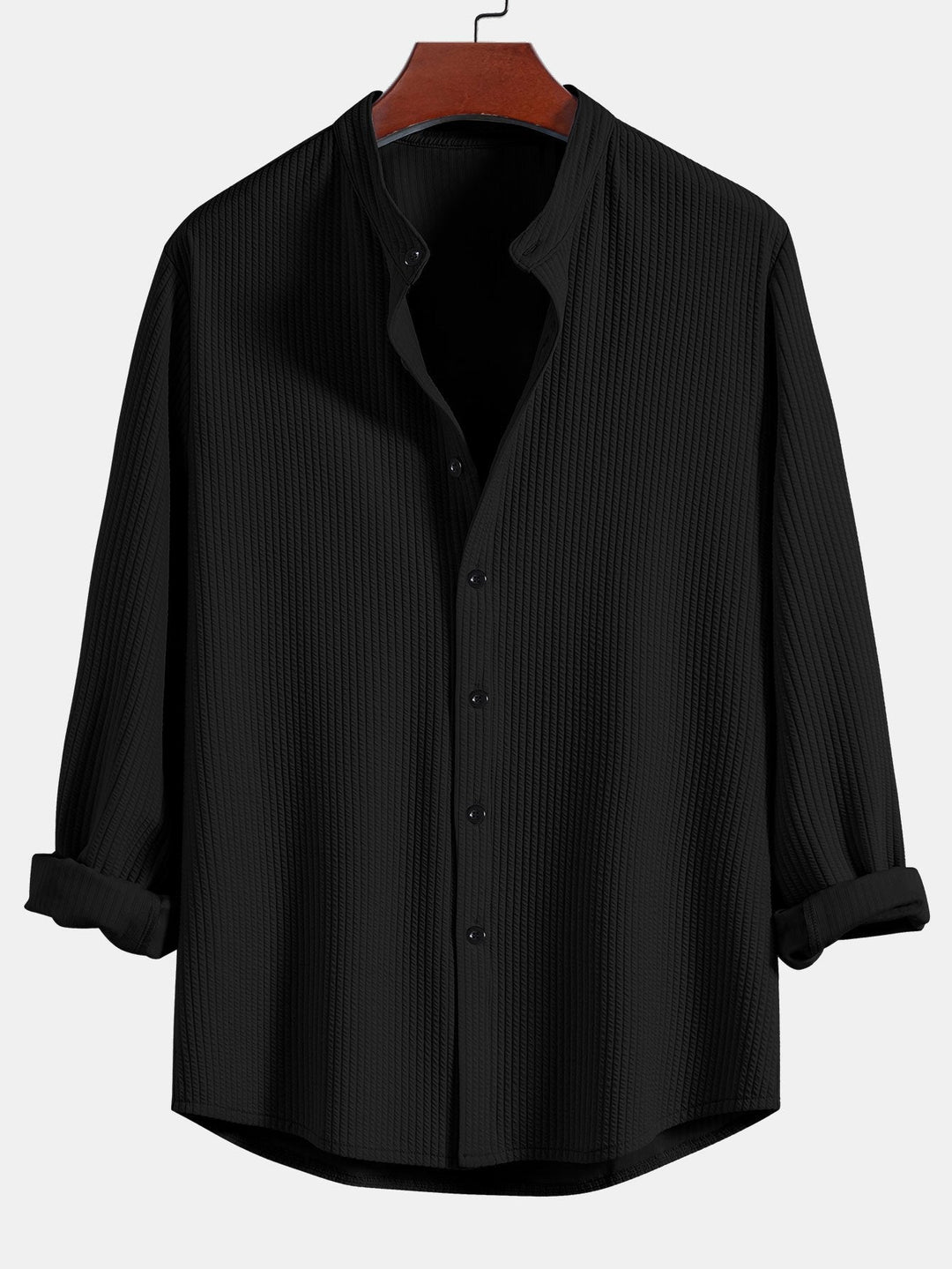 Langemouw Muscle Fit Geribbelde Staande Kraag Shirt & Rechte Pijpen Linnen Broek