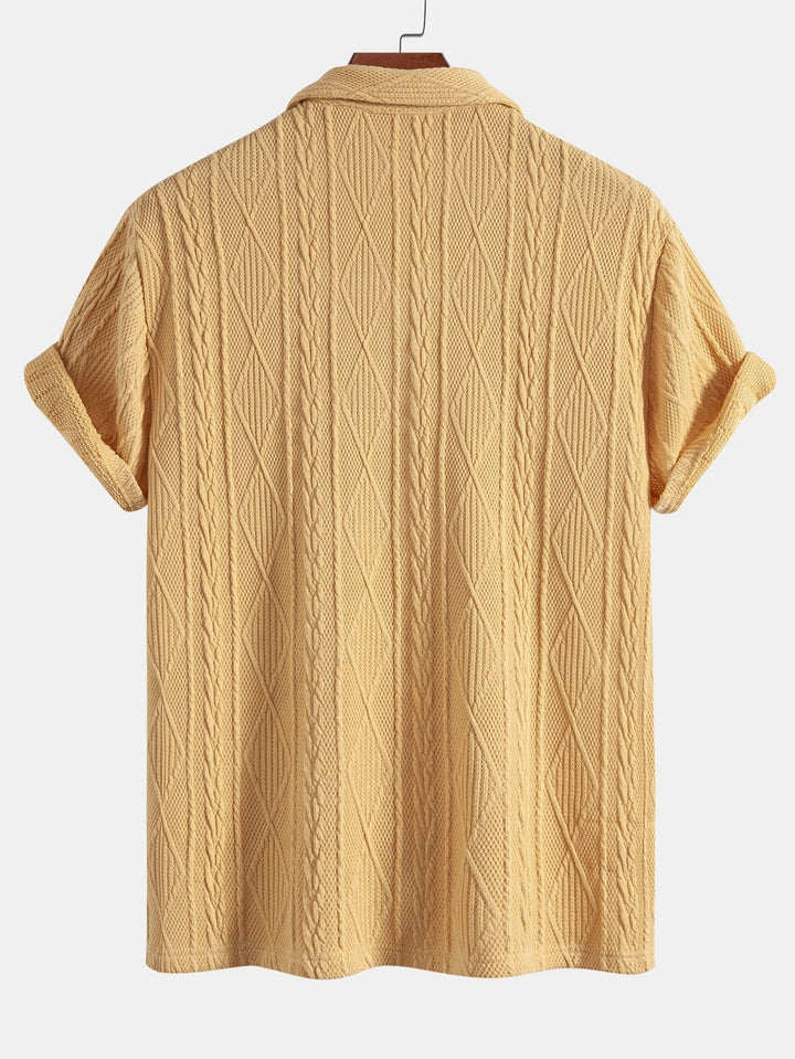 Gebreide Geometrische Textuur Cubaanse Shirt & Rechte Linnen Broek