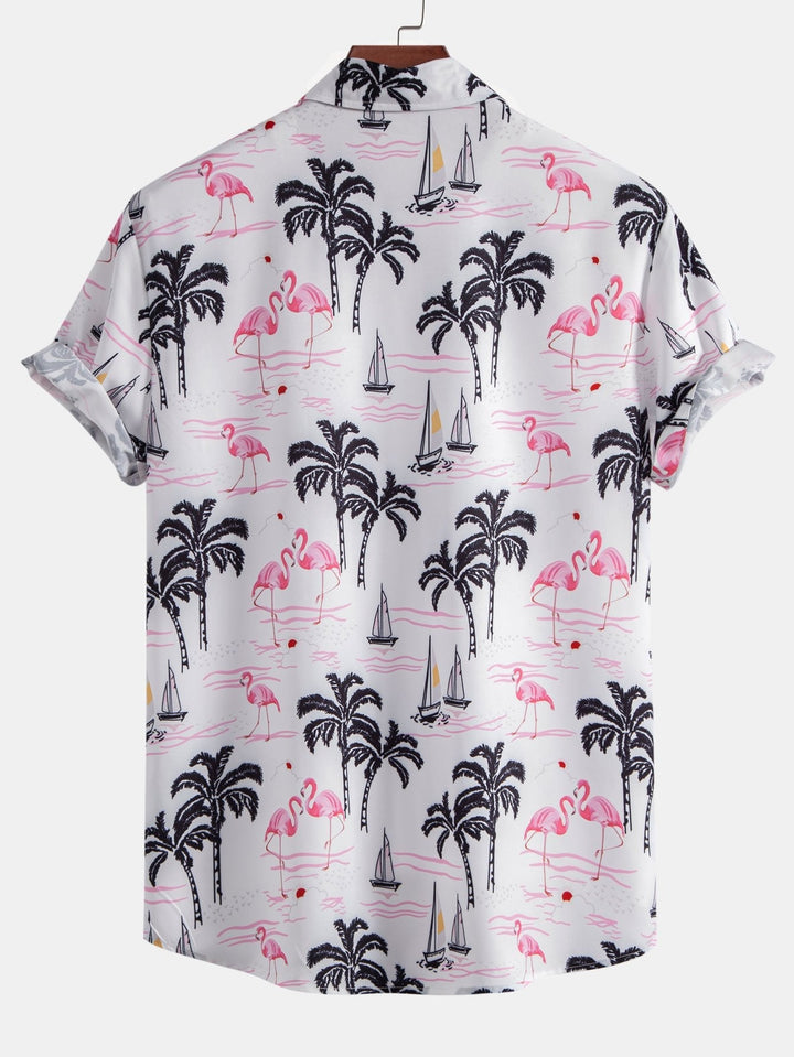 Palm Tree Flamingo Print Knop-Up Shirt & Zwemshorts