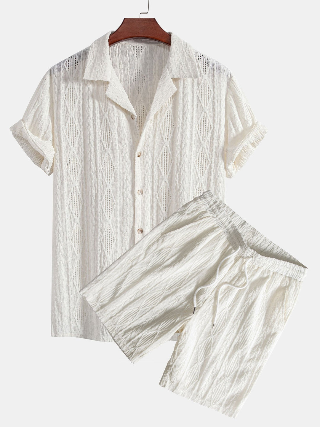 Geometrisch Jacquard Cubaanse Shirt & Textuur Shorts Met Voering