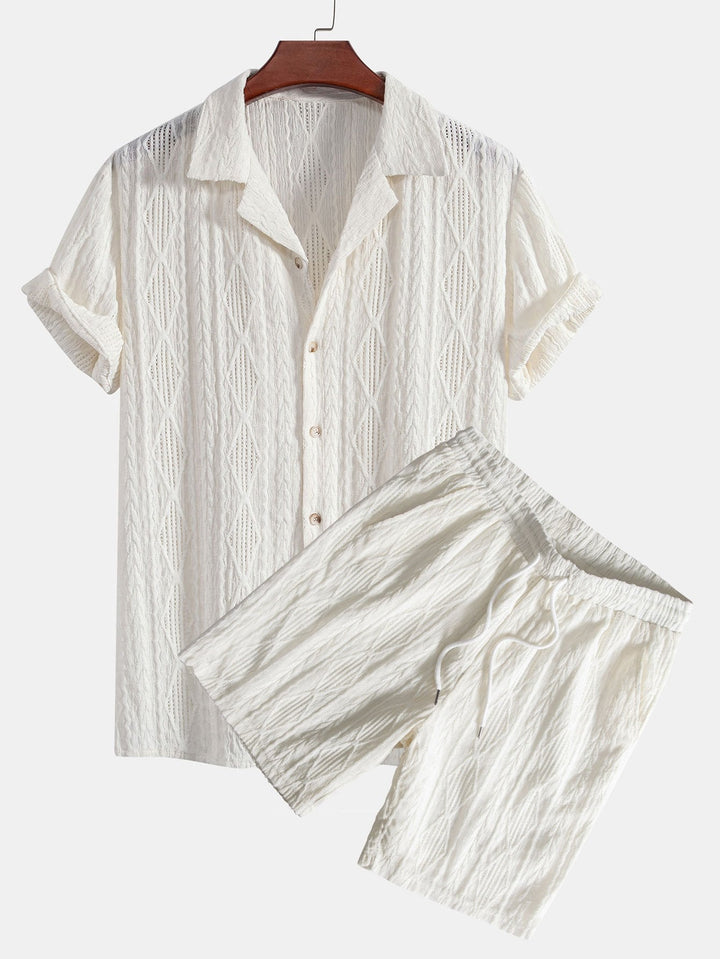 Geometrisch Jacquard Cubaanse Shirt & Textuur Shorts Met Voering