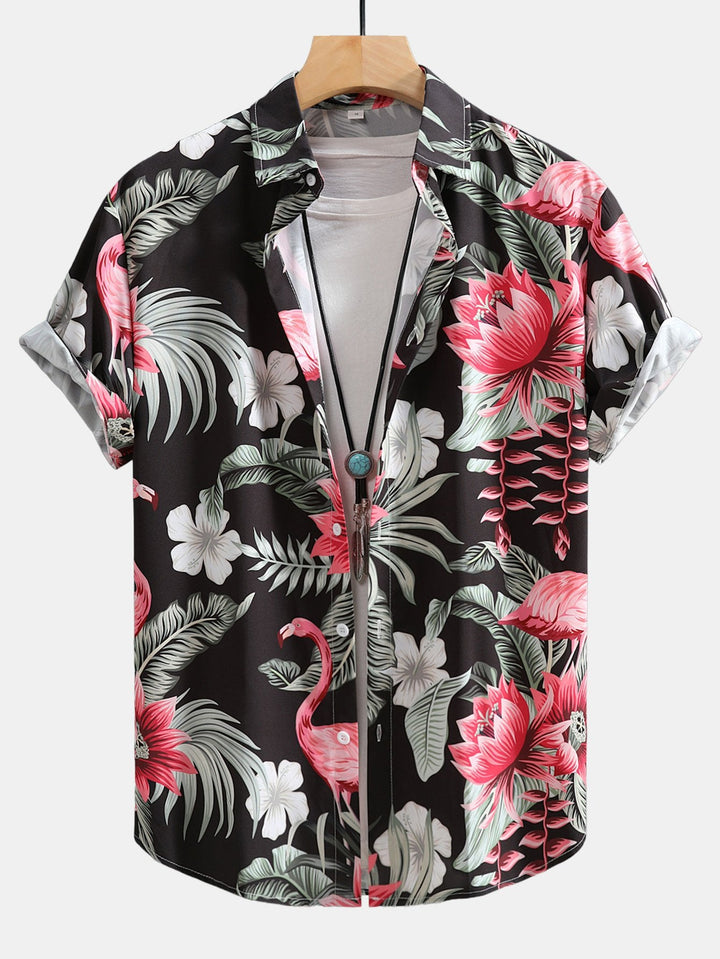 Flamingo Bloemprint Overhemd met Knopen & Zwemshorts