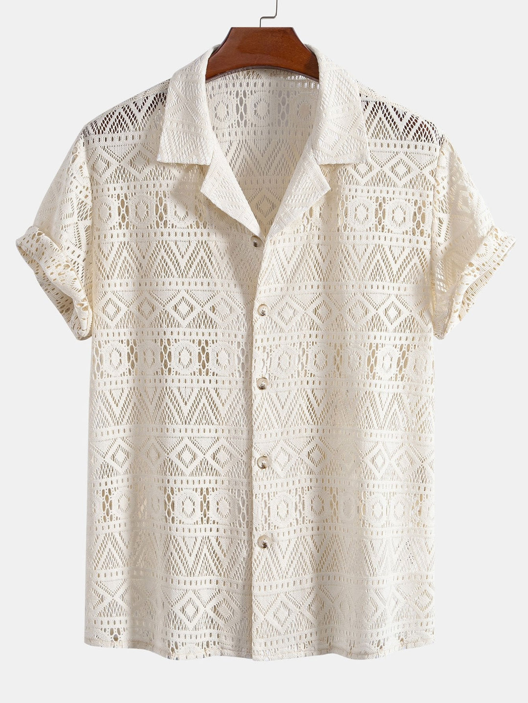 Korte Mouwen Geometrisch Textuur Cuban Shirt & Rechte Linnen Broek