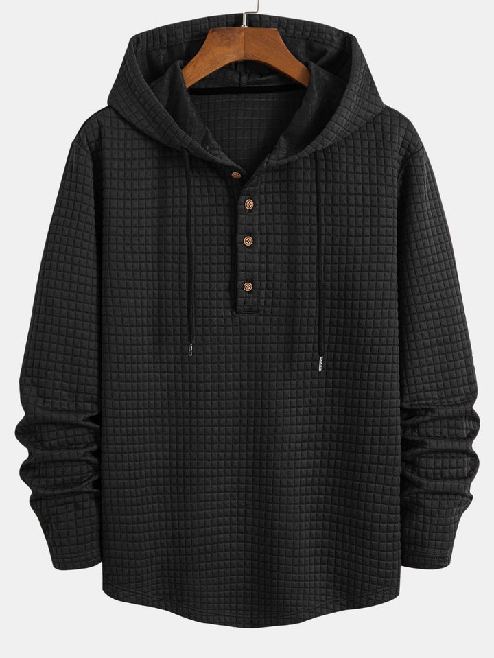 Langemouw Wafel Half Knopsluiting Boogzoom Hoodie T-shirt & Trekkoord Wafel Joggingbroek