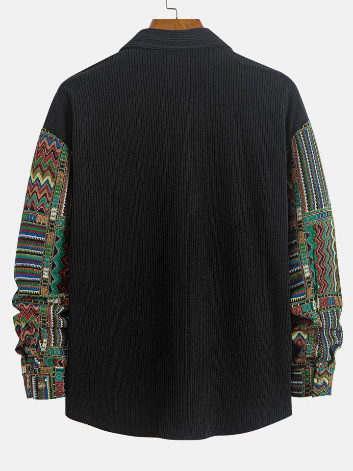 Relax Fit Etnische Geometrische Corduroy Patchwork Shirt # Willekeurig Patroon Ontwerp # & Rechte Pijpen Corduroy Broek