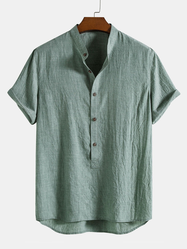 Short Sleeve Half Button Fly Henley Collar Shirt & Linen Cotton Blend 11" Shorts