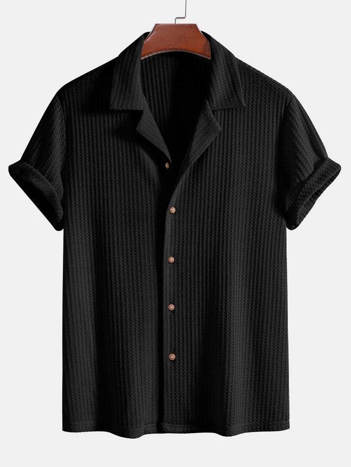 Korte Mouwen Gebreide Wafel Cubaanse Shirt & Rechte Linnen Broek