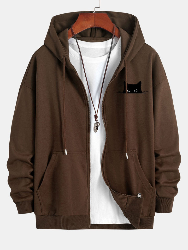 Zwarte Kat Print Relax Fit Zip Hoodie