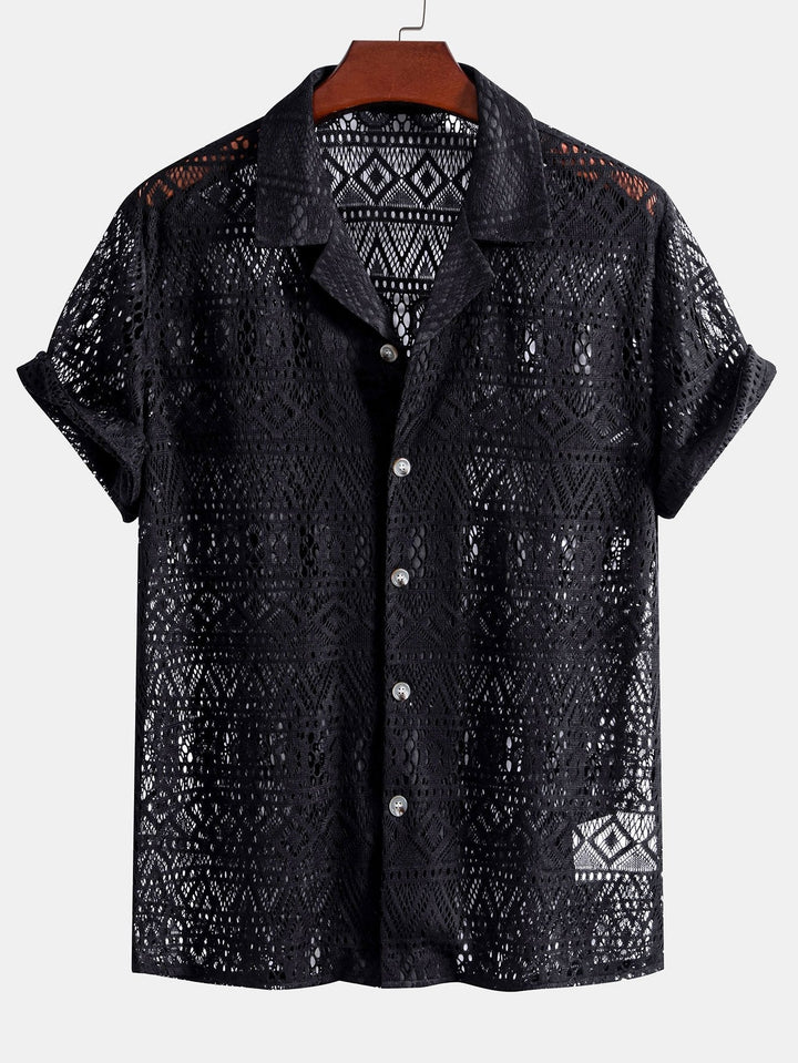 Korte Mouw Geometrisch Textuur Cuban Shirt & Linnen Katoen Mix Shorts