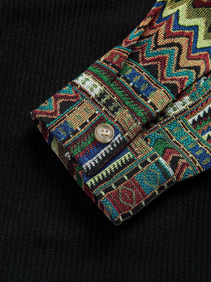Relax Fit Etnische Geometrische Corduroy Patchwork Shirt # Willekeurig Patroon Ontwerp # & Trekkoord Corduroy Cargo Jogger Broek