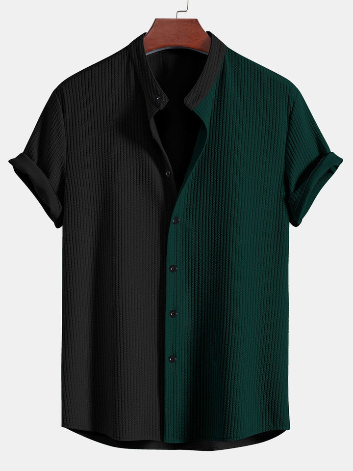 Twee Kleur Spier Fit Ribbel Stand Kraag Shirt & Rechte Pijp Ribbel Broek