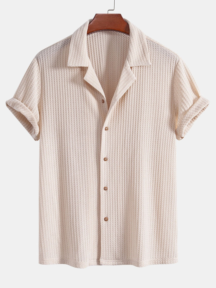 Korte Mouwen Gebreide Wafel Cubaanse Shirt & Rechte Linnen Broek
