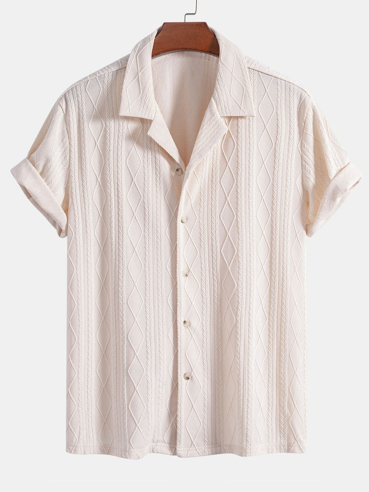 Gebreide Geometrische Ruit Jacquard Cubaanse Shirt & Rechte Linnen Broek