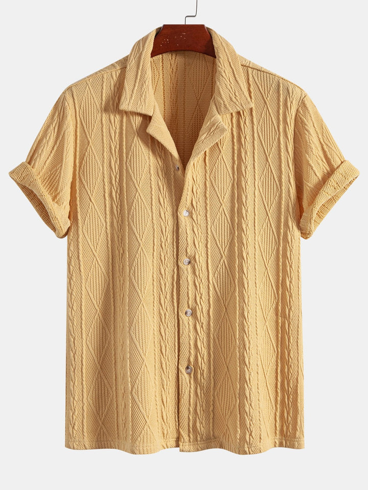 Knitted Geometric Texture Cuban Shirt & Men's Mid Length Drawstring Swim Shorts