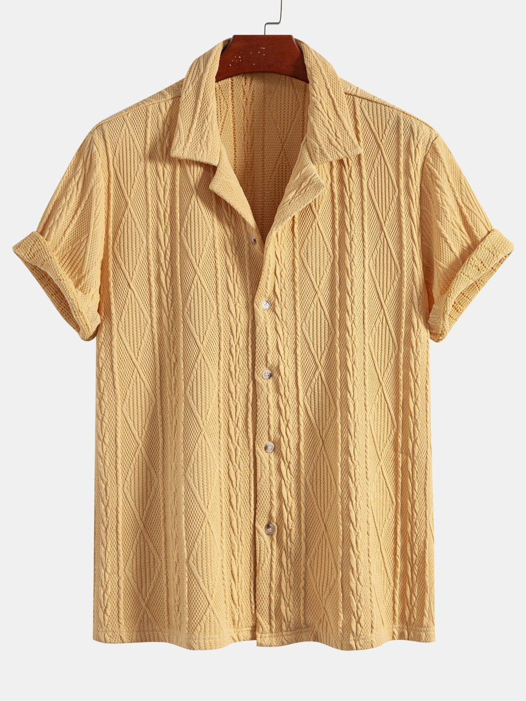 Gebreide Geometrische Textuur Cubaanse Shirt & Rechte Linnen Broek