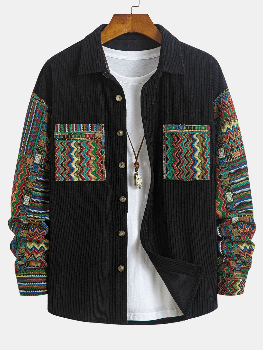 Relax Fit Etnische Geometrische Corduroy Patchwork Shirt # Willekeurig Patroon Ontwerp # & Rechte Pijpen Corduroy Broek