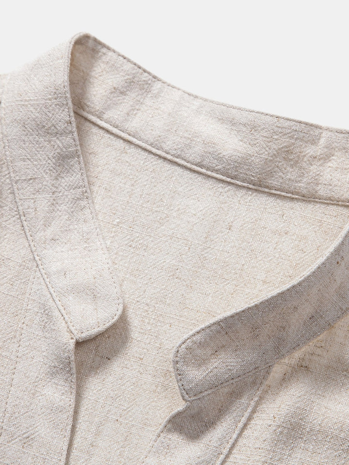 V-neck Linen Rayon Blend Shirt & Straight Leg Linen Pants