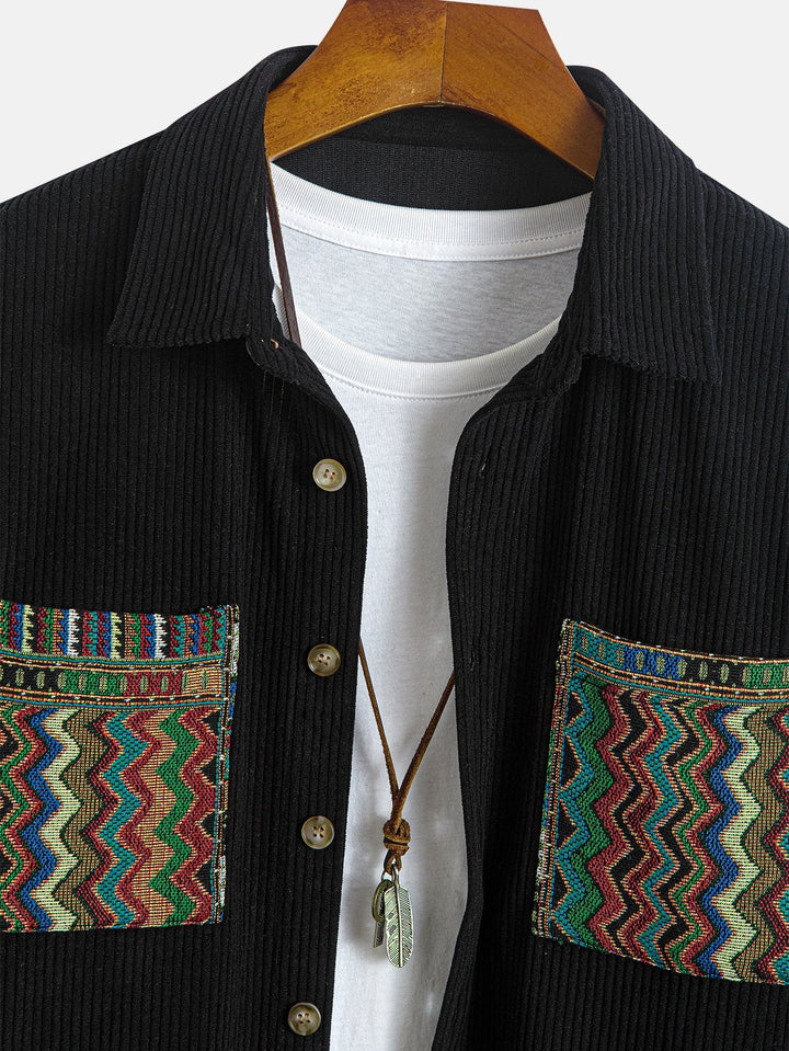 Relax Fit Etnische Geometrische Corduroy Patchwork Shirt # Willekeurig Patroon Ontwerp #