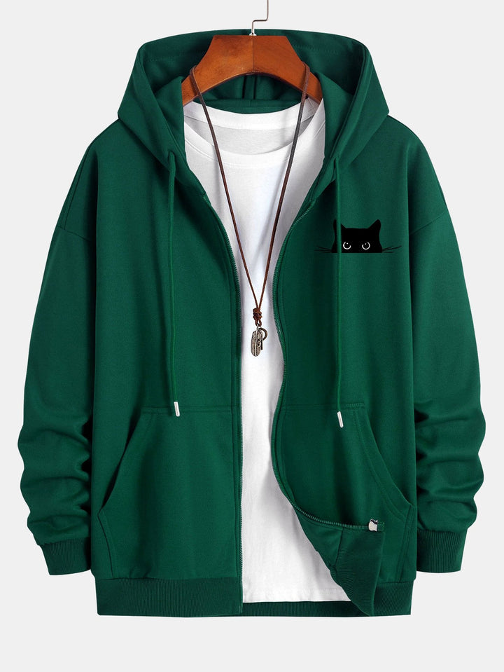 Zwarte Kat Print Relax Fit Zip Hoodie