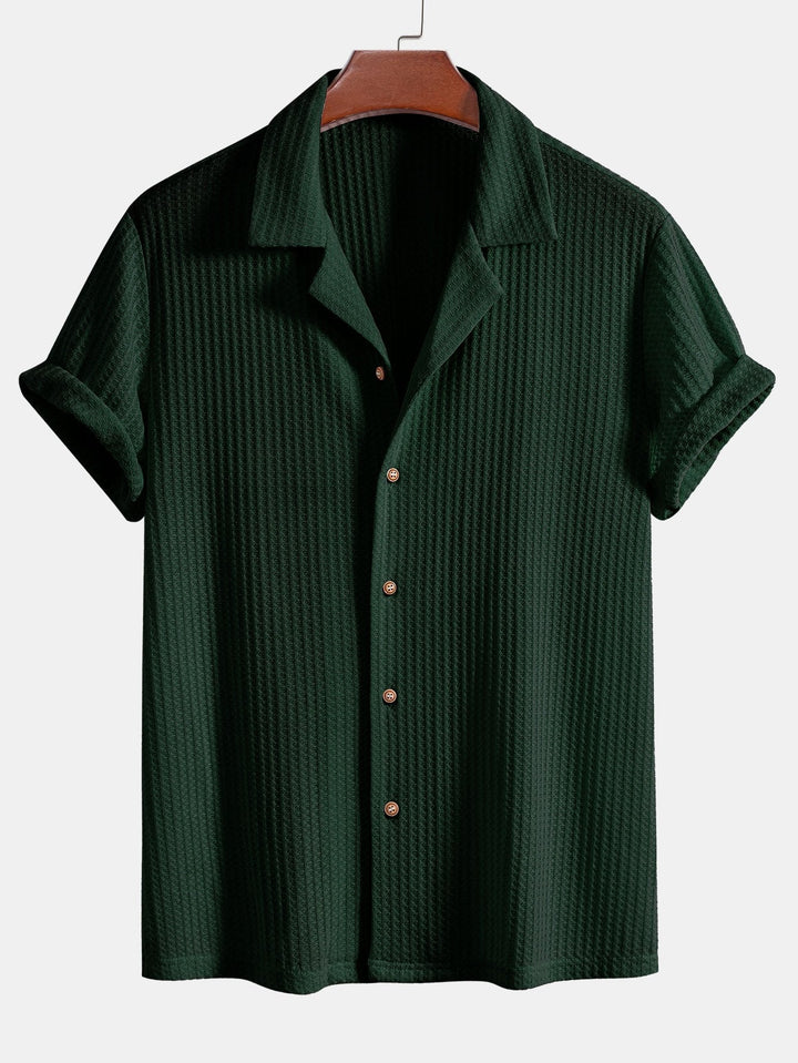 Korte Mouwen Gebreide Wafel Cubaanse Shirt & Rechte Linnen Broek
