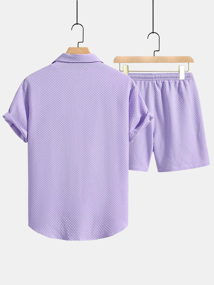 Crossed Texture Button-Up Shirt & Drawstring Shorts