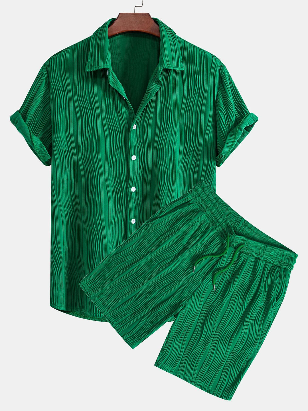 Wavy Texture Button-Up Shirt & Shorts