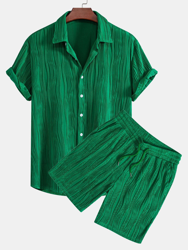 Wavy Texture Button-Up Shirt & Shorts