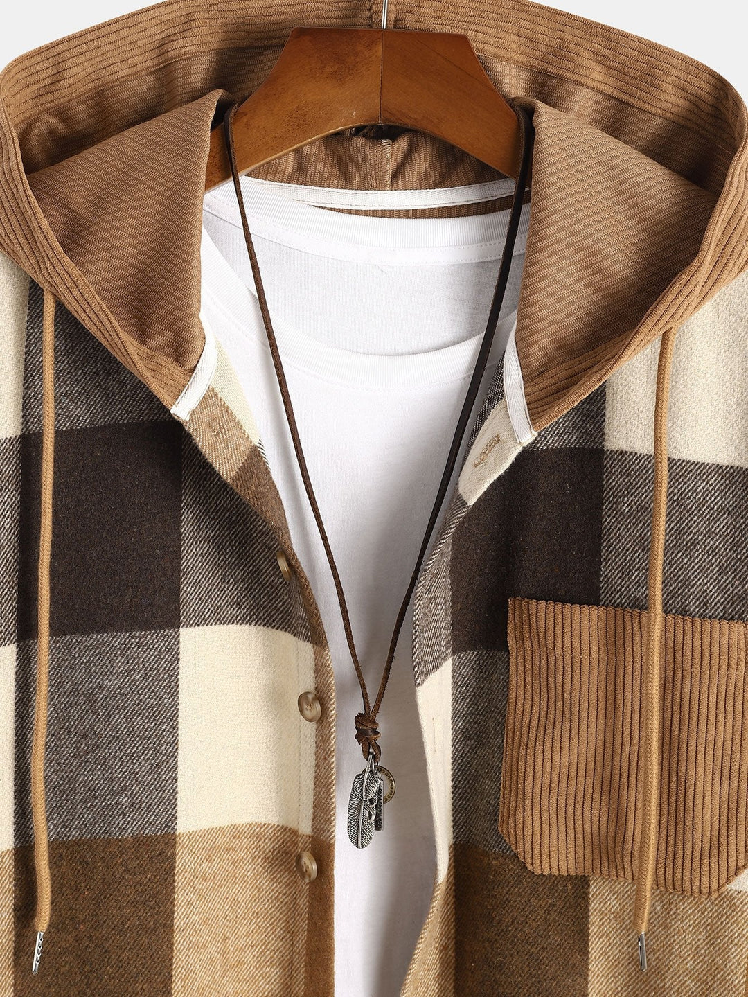 Relax Fit Flannel Ruit Corduroy Patchwork Hoodie Shirt & Chino Cargo Jogger Broek