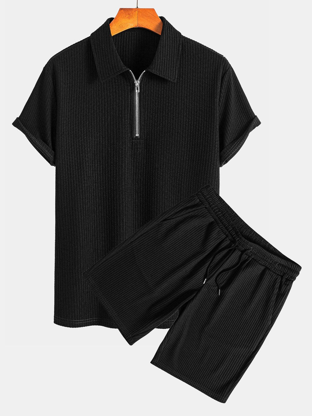 Muscle Fit Ribbed Half Zip Polo Shirt & Shorts