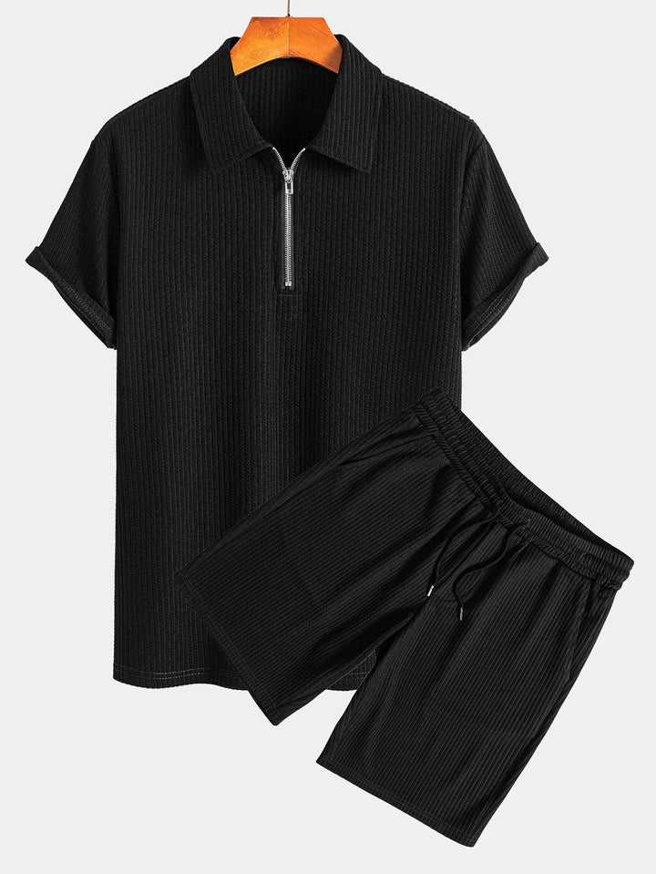 Muscle Fit Ribbed Half Zip Polo Shirt & Shorts
