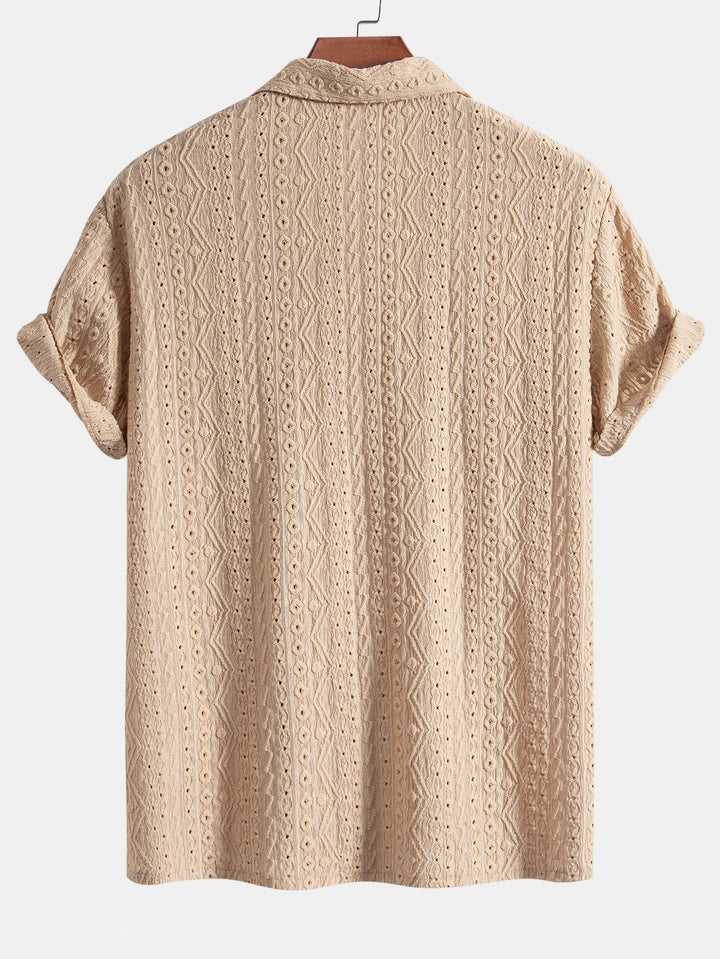 Geometrisch Jacquard Textuur Cubaanse Shirt & Rechte Pijpen Linnen Broek