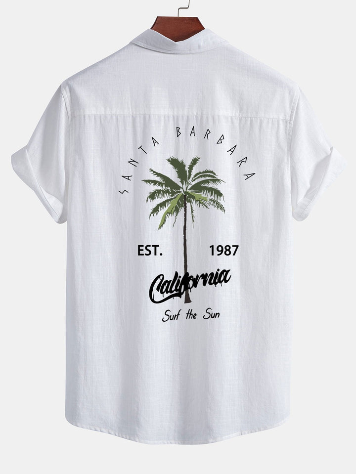California Palm Tree Print Linnen Look Katoenen Overhemd met Knopen & Zwemshorts