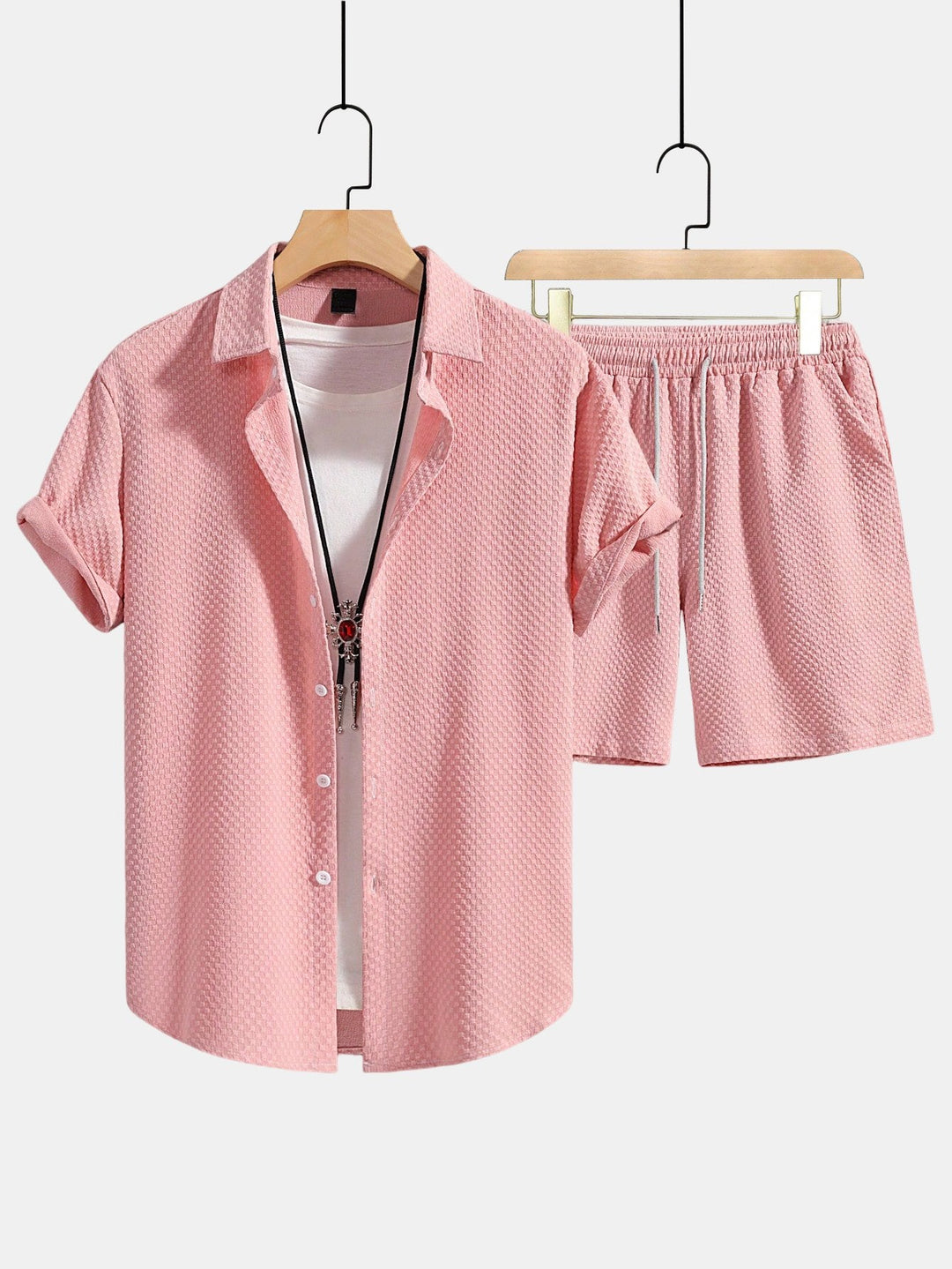 Crossed Texture Button-Up Shirt & Drawstring Shorts
